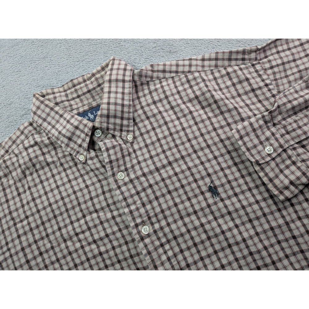 Polo Ralph Lauren Blaire Mens XL Plaid Button Down Shirt Brown Red Cotton Pony